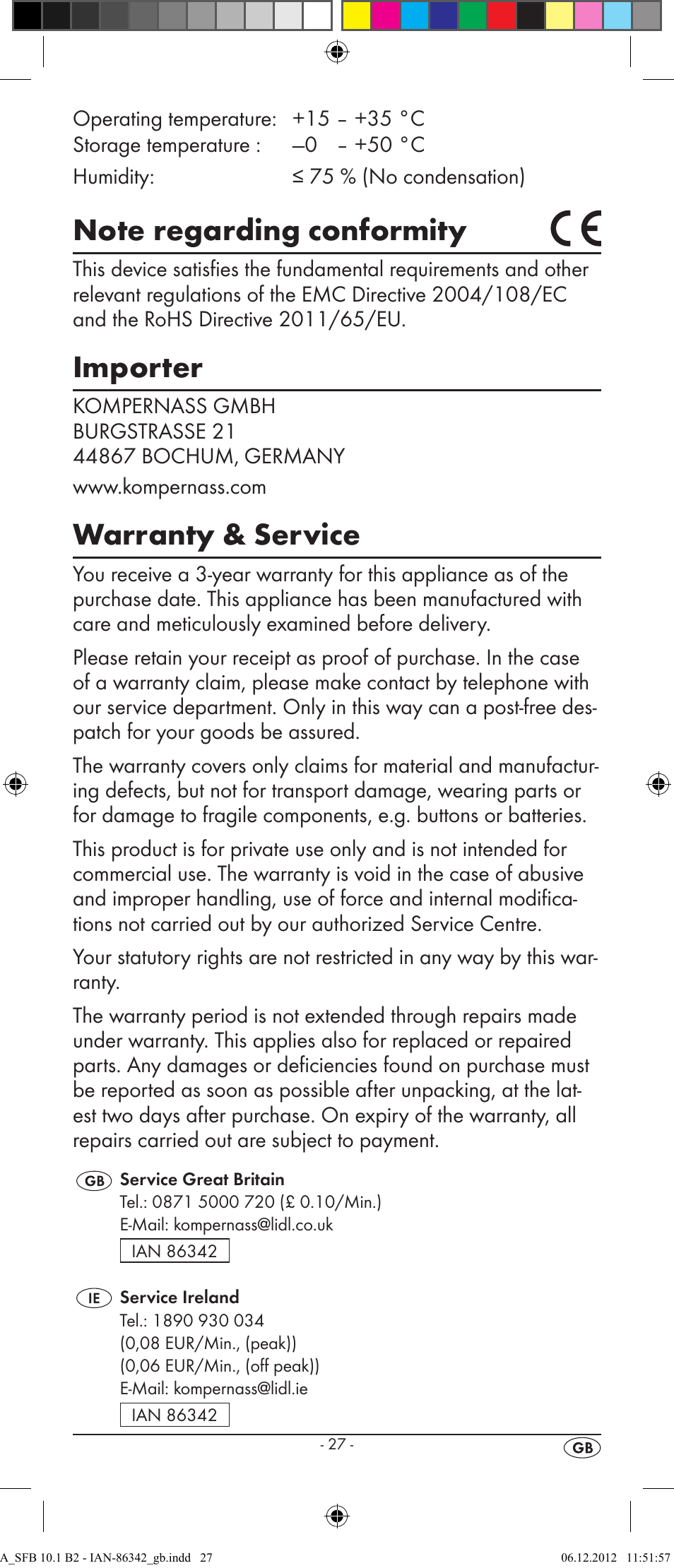 Importer, Warranty & service | Silvercrest 10-IN-1 REMOTE CONTROL SFB 10.1 B2 User Manual | Page 29 / 116