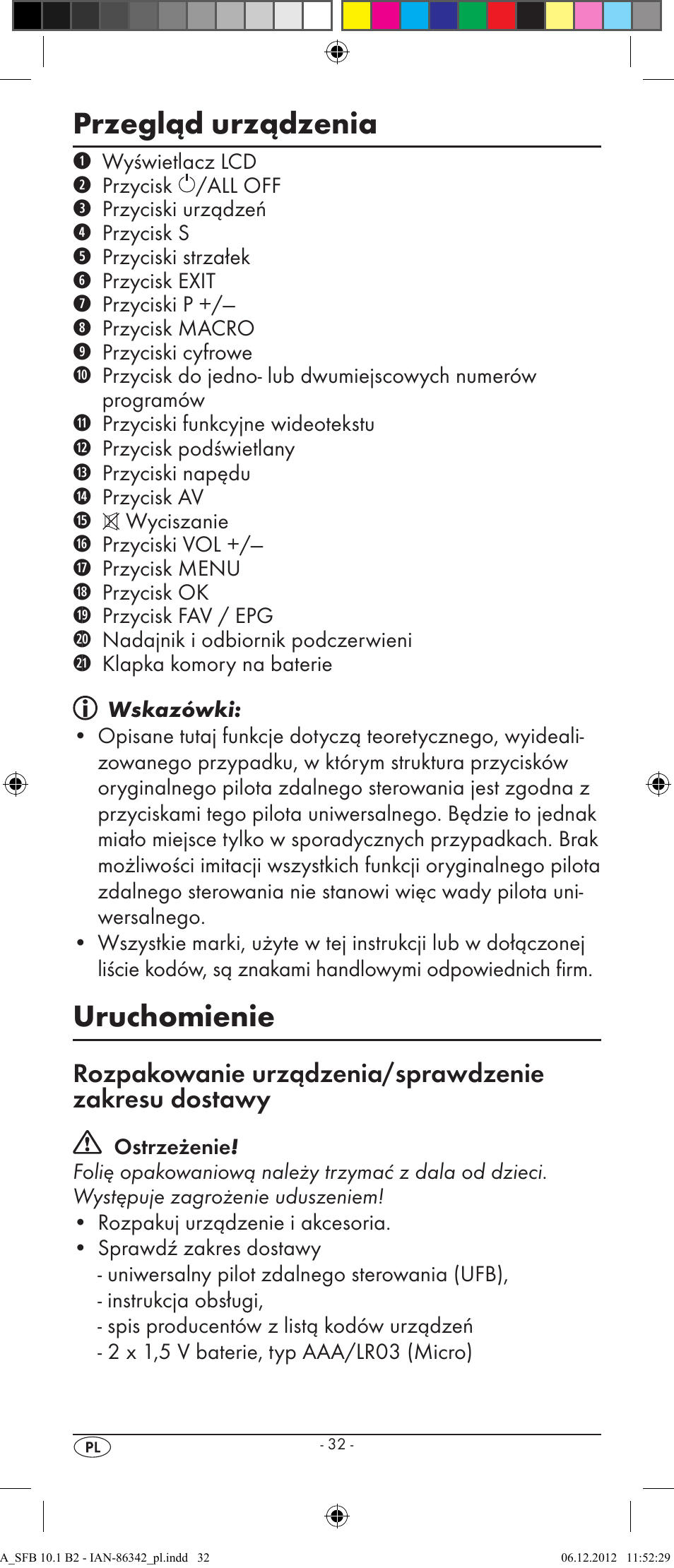 Przegląd urządzenia, Uruchomienie | Silvercrest 10-IN-1 REMOTE CONTROL SFB 10.1 B2 User Manual | Page 34 / 116