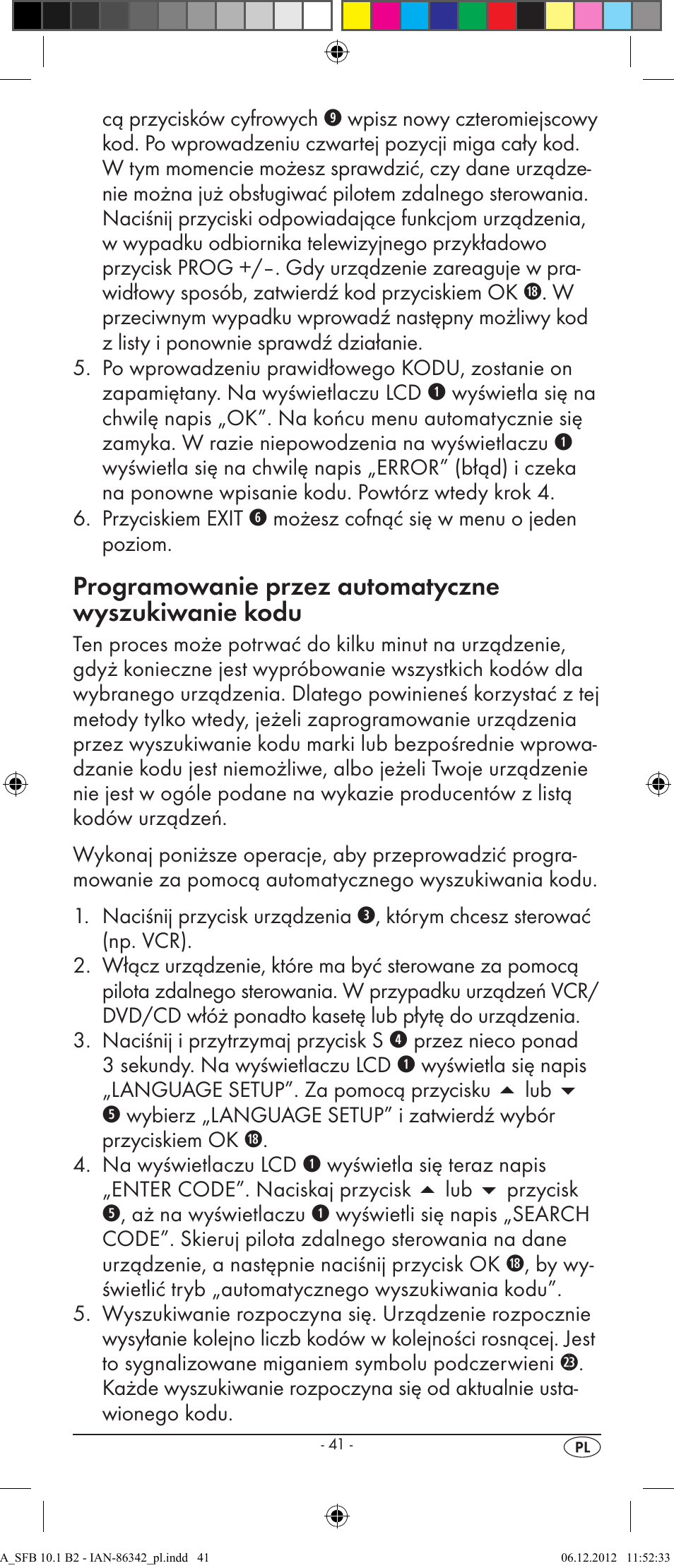 Programowanie przez automatyczne wyszukiwanie kodu | Silvercrest 10-IN-1 REMOTE CONTROL SFB 10.1 B2 User Manual | Page 43 / 116