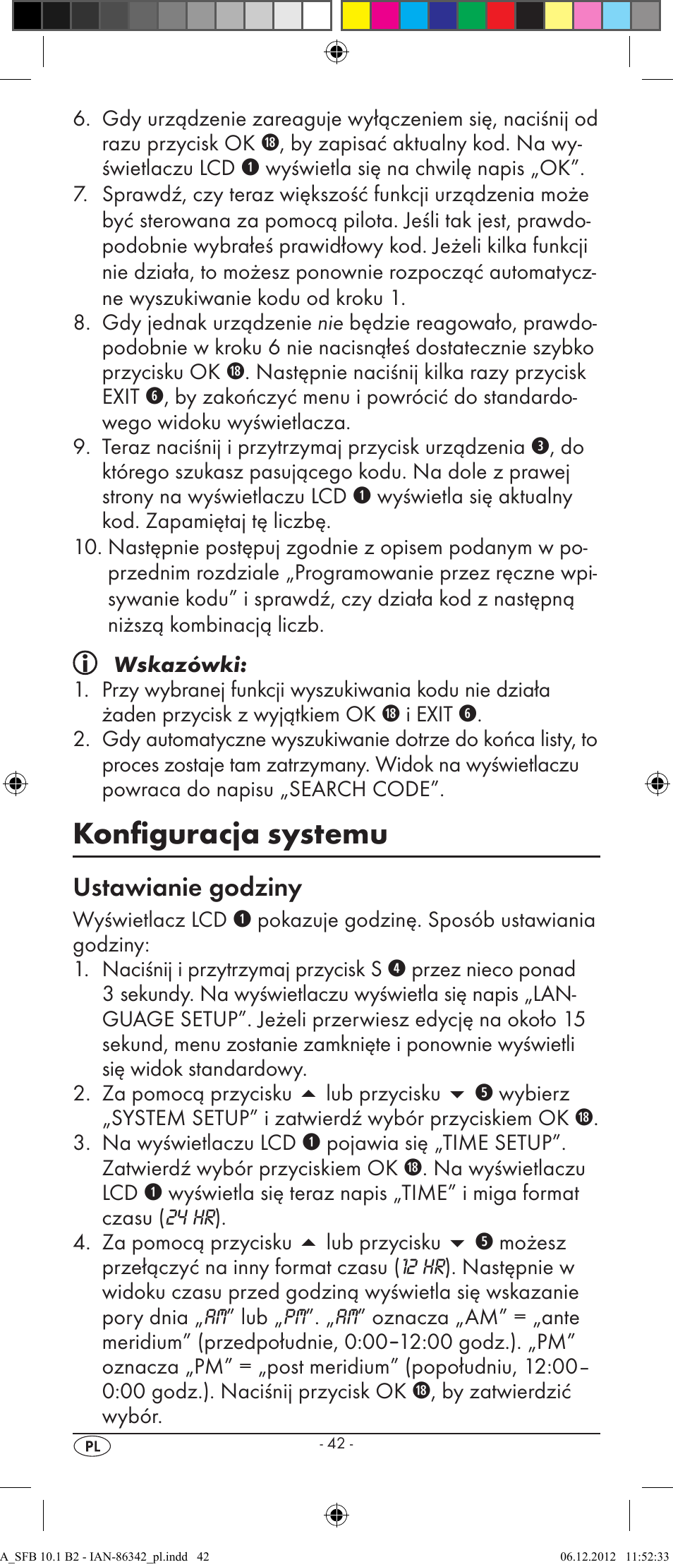 Konfiguracja systemu, Ustawianie godziny | Silvercrest 10-IN-1 REMOTE CONTROL SFB 10.1 B2 User Manual | Page 44 / 116