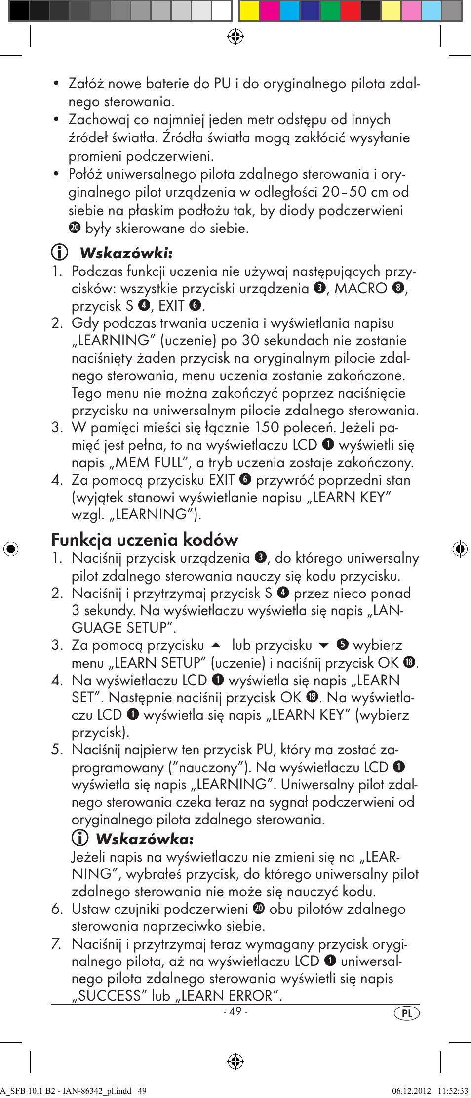Funkcja uczenia kodów | Silvercrest 10-IN-1 REMOTE CONTROL SFB 10.1 B2 User Manual | Page 51 / 116