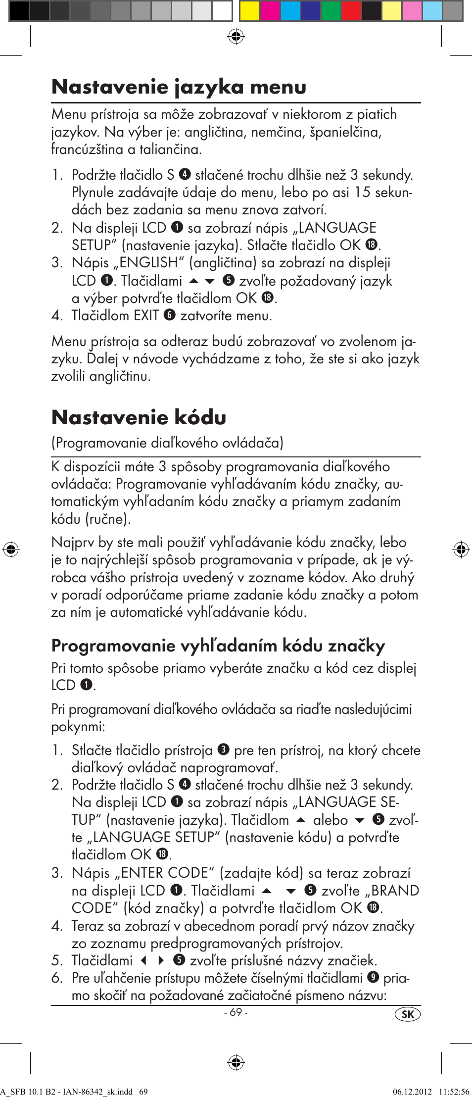 Nastavenie jazyka menu, Nastavenie kódu, Programovanie vyhľadaním kódu značky | Silvercrest 10-IN-1 REMOTE CONTROL SFB 10.1 B2 User Manual | Page 71 / 116