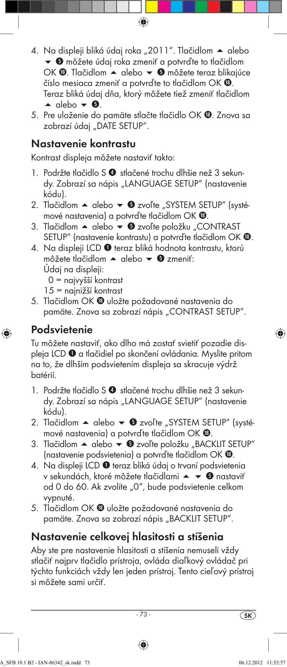 Nastavenie kontrastu, Podsvietenie, Nastavenie celkovej hlasitosti a stíšenia | Silvercrest 10-IN-1 REMOTE CONTROL SFB 10.1 B2 User Manual | Page 75 / 116