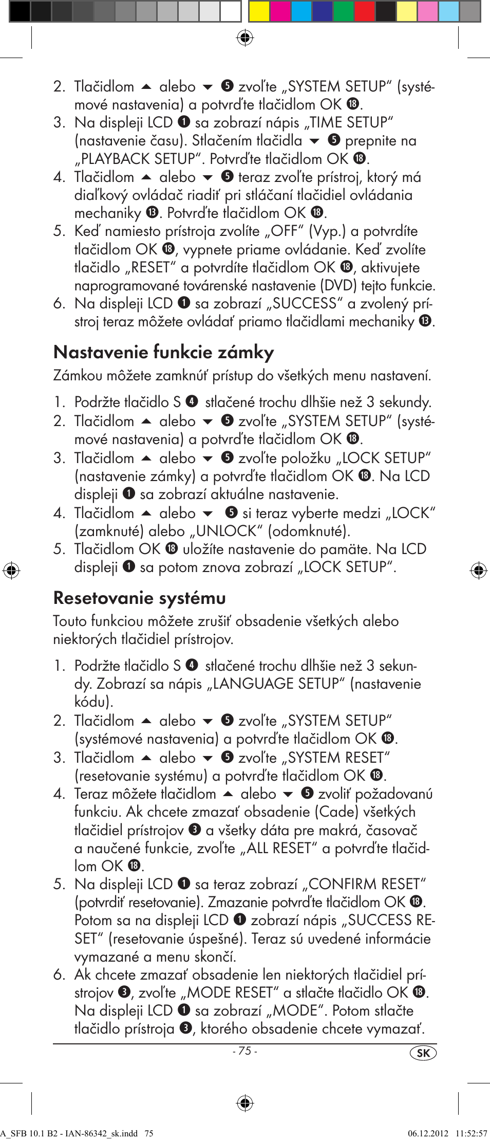 Nastavenie funkcie zámky, Resetovanie systému | Silvercrest 10-IN-1 REMOTE CONTROL SFB 10.1 B2 User Manual | Page 77 / 116