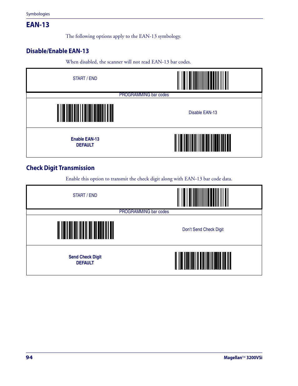 Ean-13, Disable/enable ean-13, Check digit transmission | Disable/enable ean-13 check digit transmission | Datalogic Scanning MAGELLAN 3200VSI User Manual | Page 102 / 200