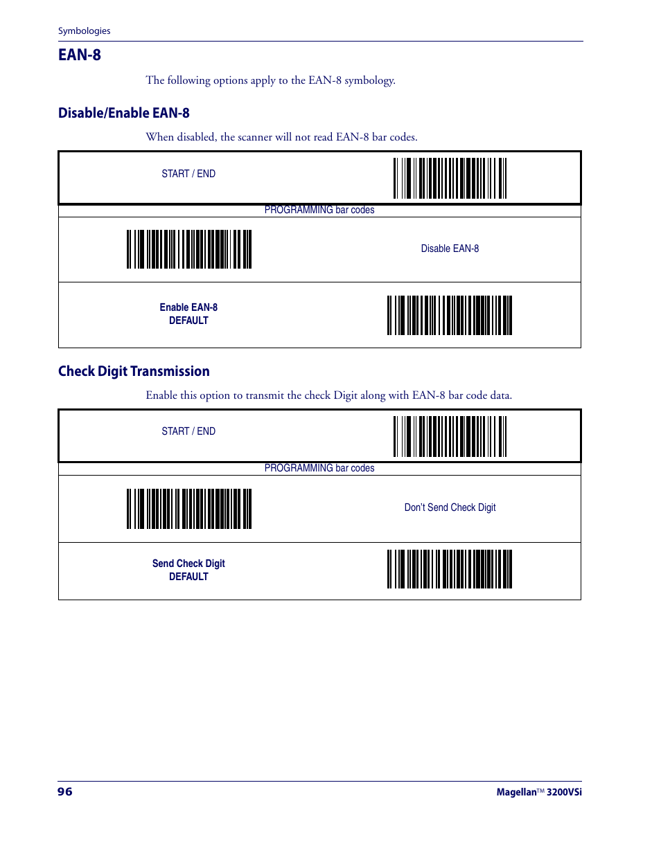 Ean-8, Disable/enable ean-8, Check digit transmission | Disable/enable ean-8 check digit transmission | Datalogic Scanning MAGELLAN 3200VSI User Manual | Page 104 / 200