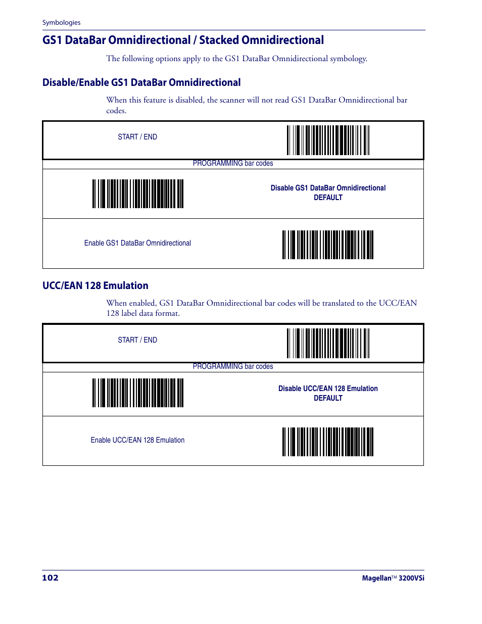 Disable/enable gs1 databar omnidirectional, Ucc/ean 128 emulation | Datalogic Scanning MAGELLAN 3200VSI User Manual | Page 110 / 200
