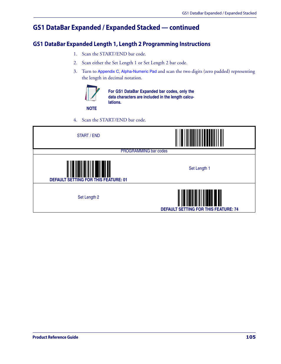 Gs1 databar expanded length 1, Length 2 programming instructions, Ing the | Gs1 databar expanded length, 1, length 2 programming instructions | Datalogic Scanning MAGELLAN 3200VSI User Manual | Page 113 / 200
