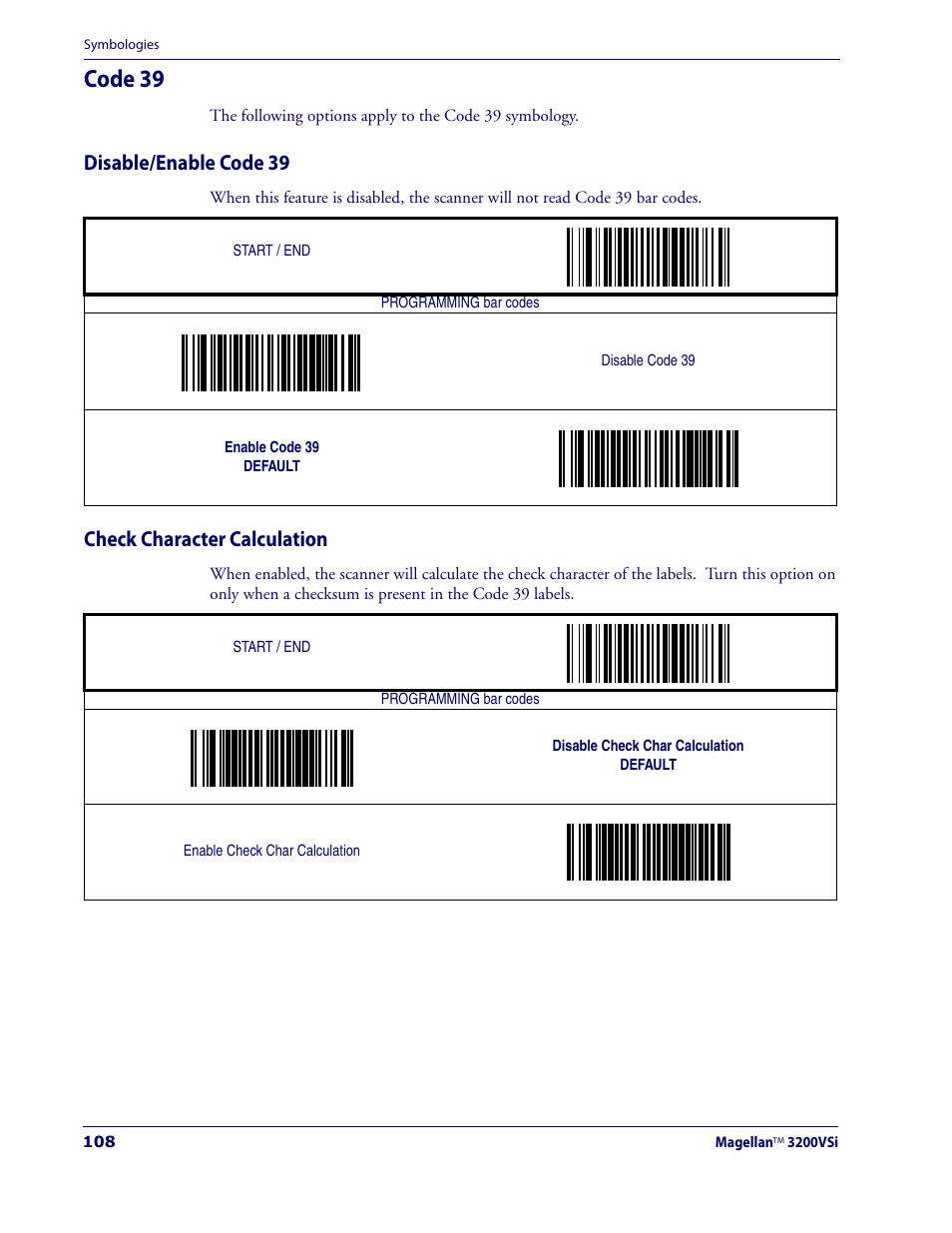 Code 39, Disable/enable code 39, Check character calculation | Disable/enable code 39 check character calculation | Datalogic Scanning MAGELLAN 3200VSI User Manual | Page 116 / 200
