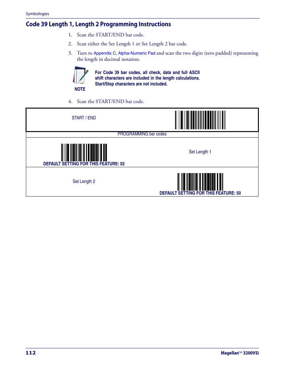 Code 39 length 1, length 2 program, Ming instructions, Ing the | Code 39 length 1, length 2 pro, Gramming instructions | Datalogic Scanning MAGELLAN 3200VSI User Manual | Page 120 / 200