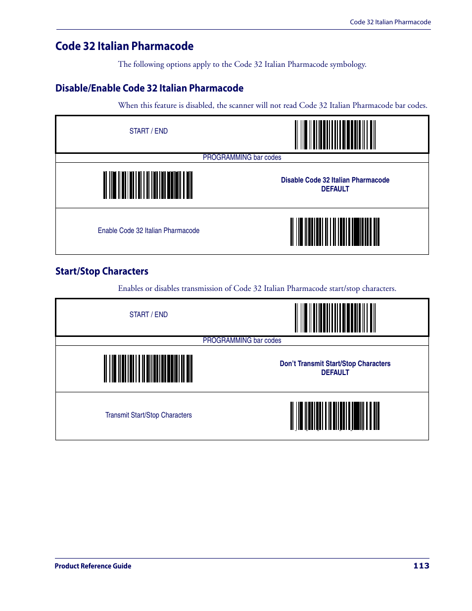 Code 32 italian pharmacode, Disable/enable code 32 italian pharmacode, Start/stop characters | Datalogic Scanning MAGELLAN 3200VSI User Manual | Page 121 / 200