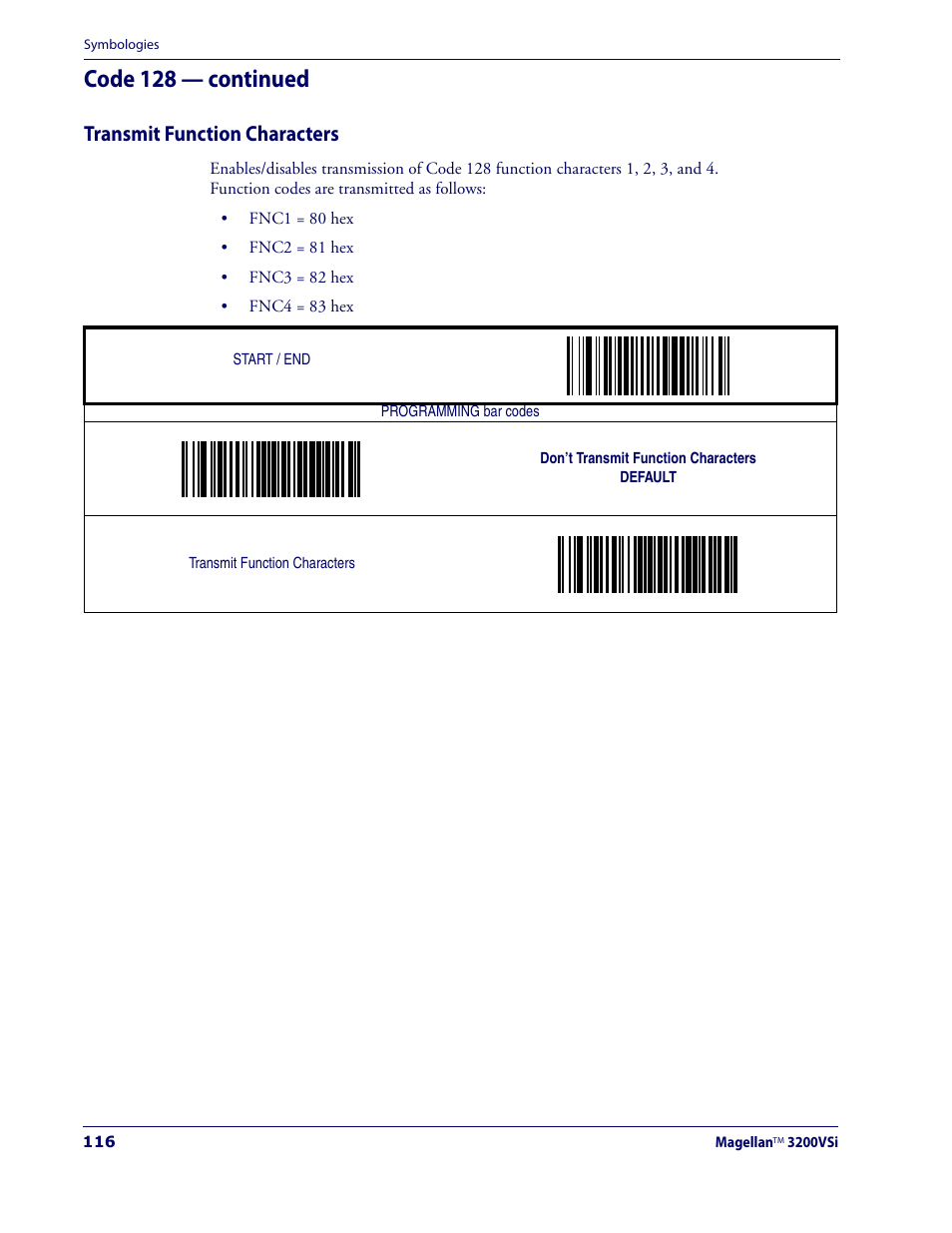 Transmit function characters, Code 128 — continued | Datalogic Scanning MAGELLAN 3200VSI User Manual | Page 124 / 200