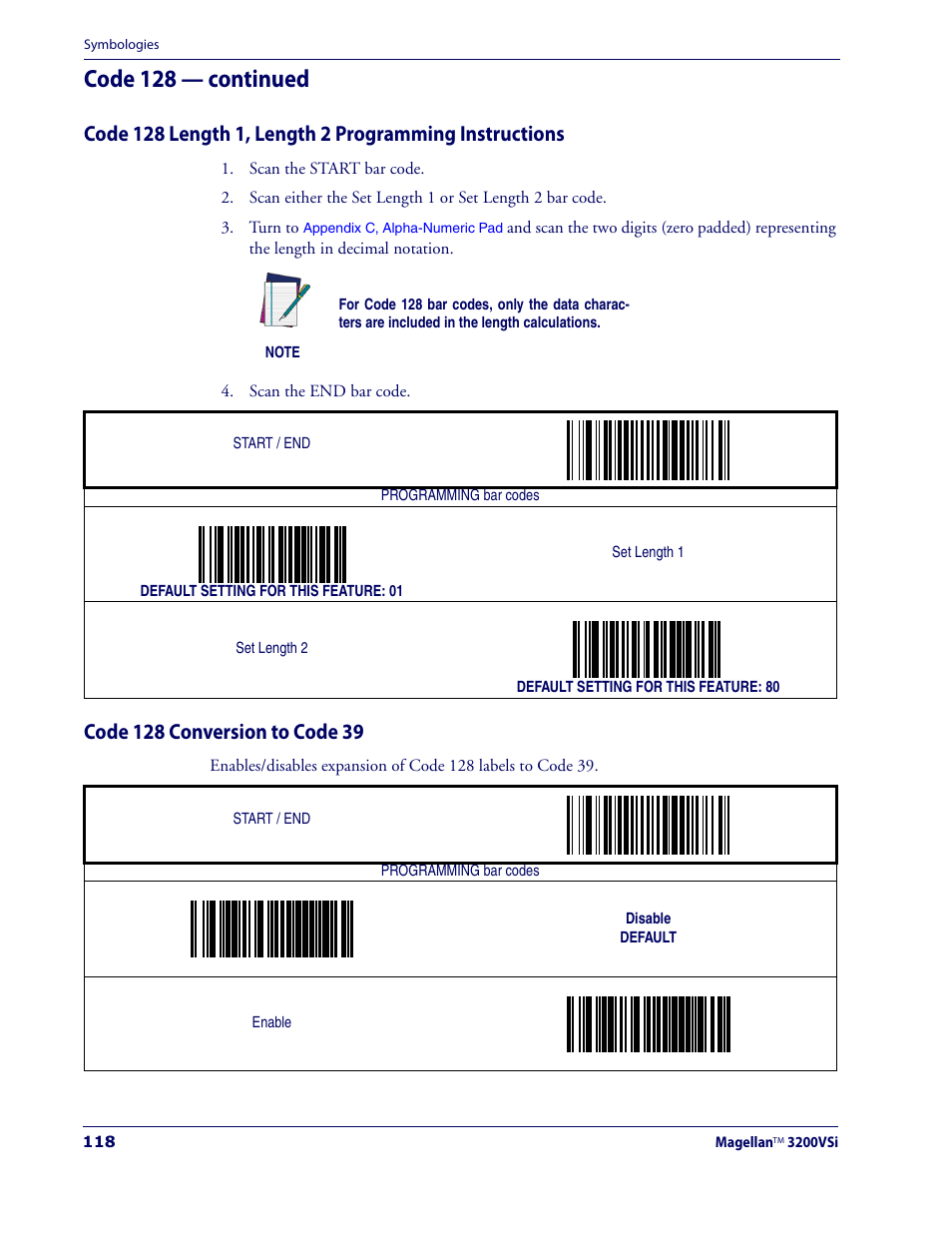 Code 128 conversion to code 39, Code 128 length 1, length 2 pro, Gramming instructions | Ing the, Code 128 length 1, length 2, Programming instructions, Code 128 — continued | Datalogic Scanning MAGELLAN 3200VSI User Manual | Page 126 / 200