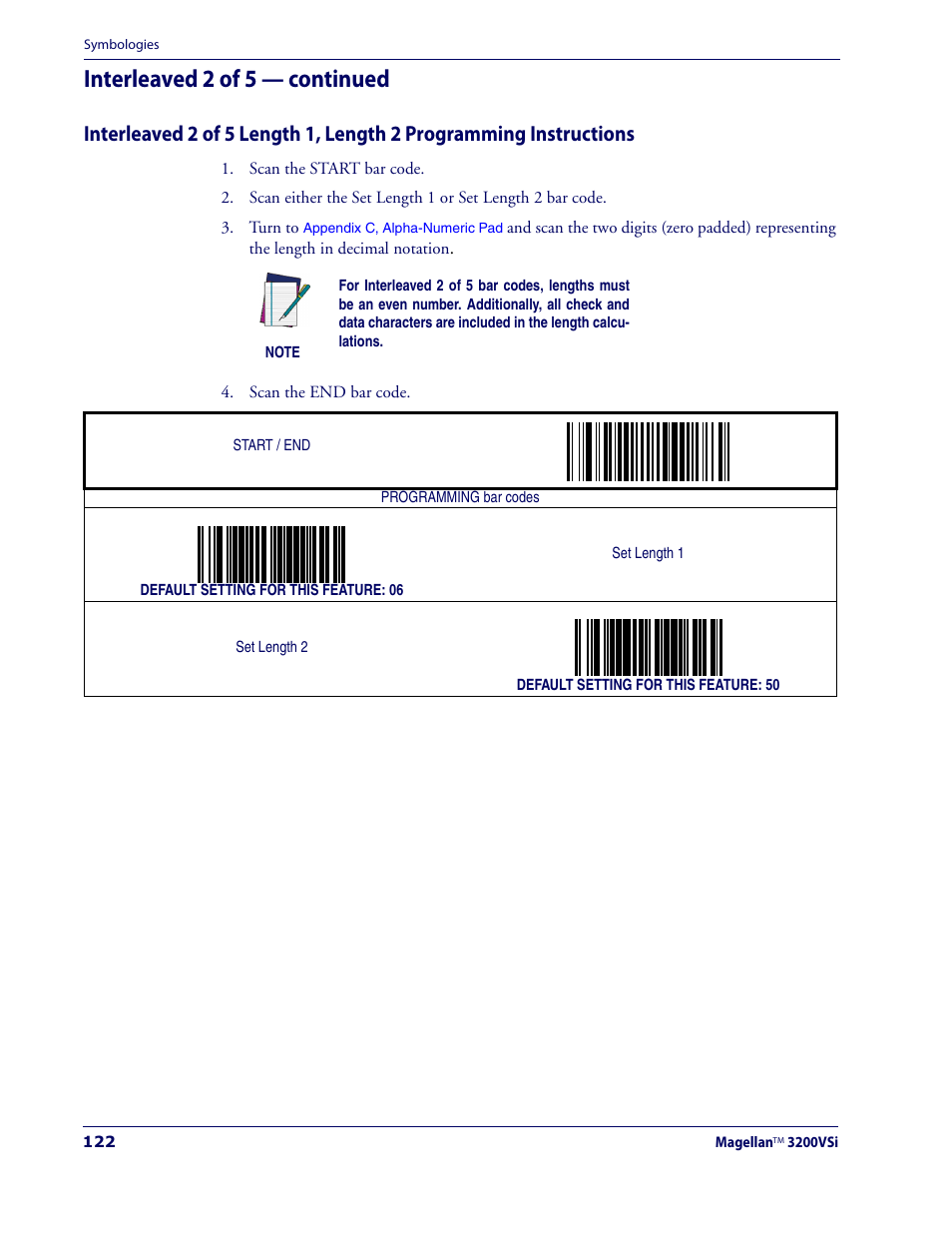 Interleaved 2 of 5 length 1, length 2, Programming instructions, Interleaved 2 of 5 length 1, length | 2 programming instructions, Interleaved 2 of 5 length 1, Length 2 programming instructions, Interleaved 2 of 5 — continued | Datalogic Scanning MAGELLAN 3200VSI User Manual | Page 130 / 200