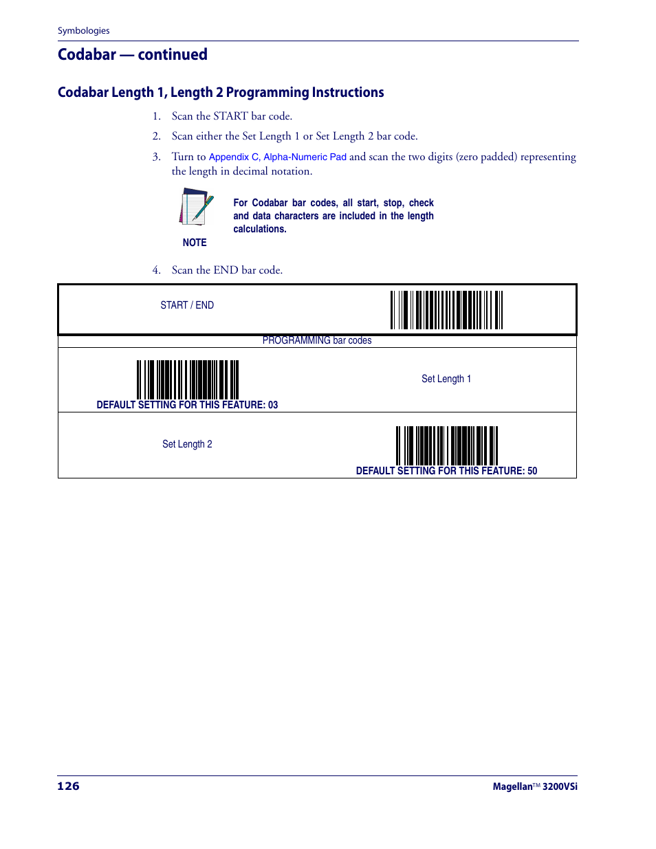 Codabar length 1, length 2 program, Ming instructions, Ing the | Codabar length 1, length 2 pro, Gramming instructions, Codabar length 1, length 2, Programming instructions, Codabar — continued | Datalogic Scanning MAGELLAN 3200VSI User Manual | Page 134 / 200