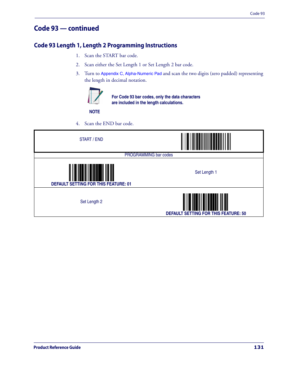 Code 93 length 1, length 2 program, Ming instructions, Ing the | Code 93 length 1, length 2 pro, Gramming instructions, Code 93 — continued | Datalogic Scanning MAGELLAN 3200VSI User Manual | Page 139 / 200