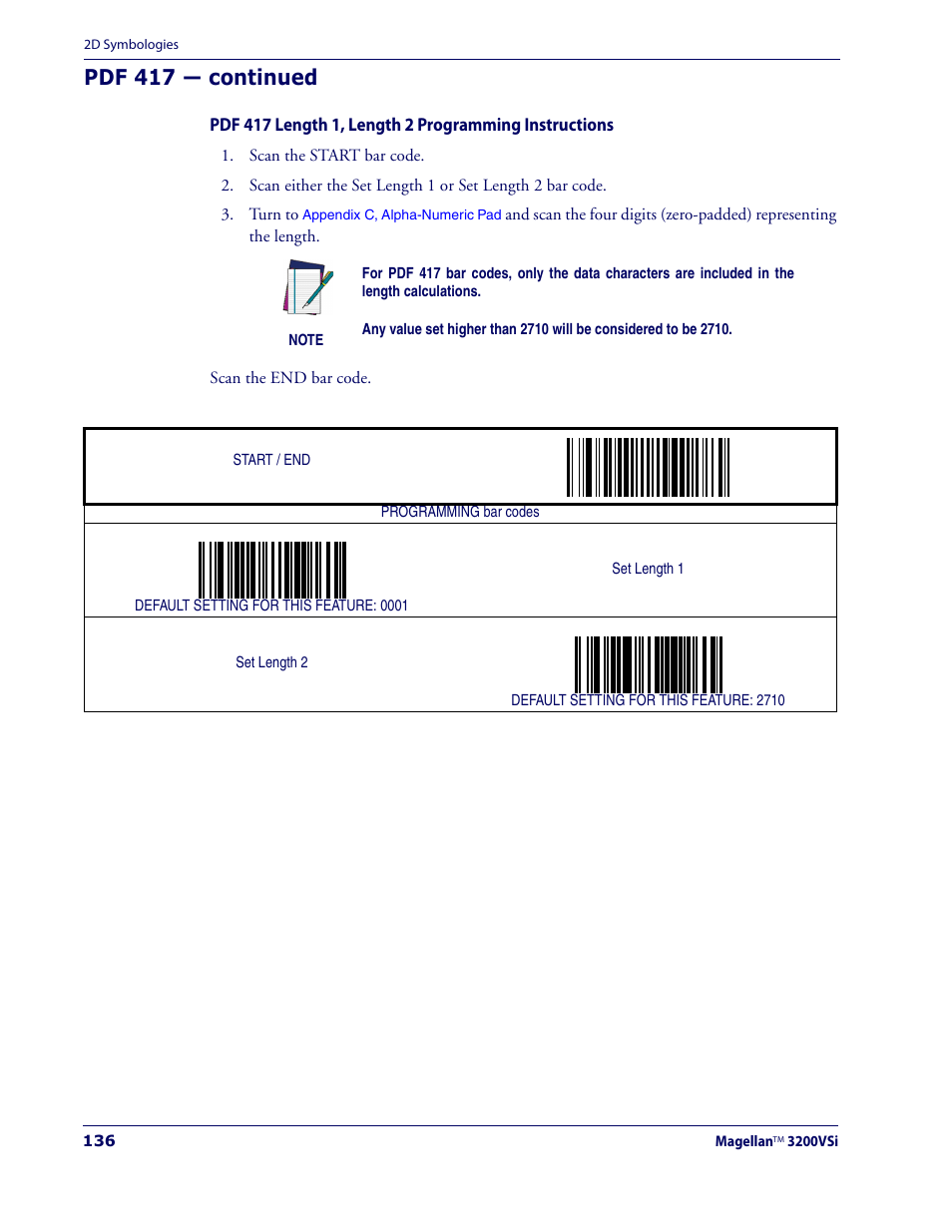 Wing the, Pdf 417 length 1, length 2 pro, Gramming instructions | Ing the, Pdf 417 — continued | Datalogic Scanning MAGELLAN 3200VSI User Manual | Page 144 / 200