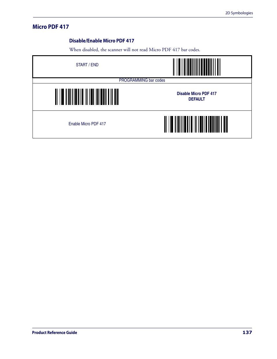 Micro pdf 417, Disable/enable micro pdf 417 | Datalogic Scanning MAGELLAN 3200VSI User Manual | Page 145 / 200