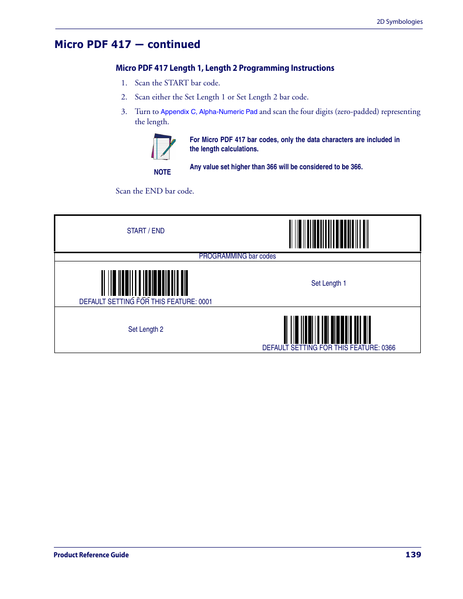 Wing the, Belo, G the | Micro pdf 417 length 1, length 2, Programming instructions, Ing the, Micro pdf 417 — continued | Datalogic Scanning MAGELLAN 3200VSI User Manual | Page 147 / 200