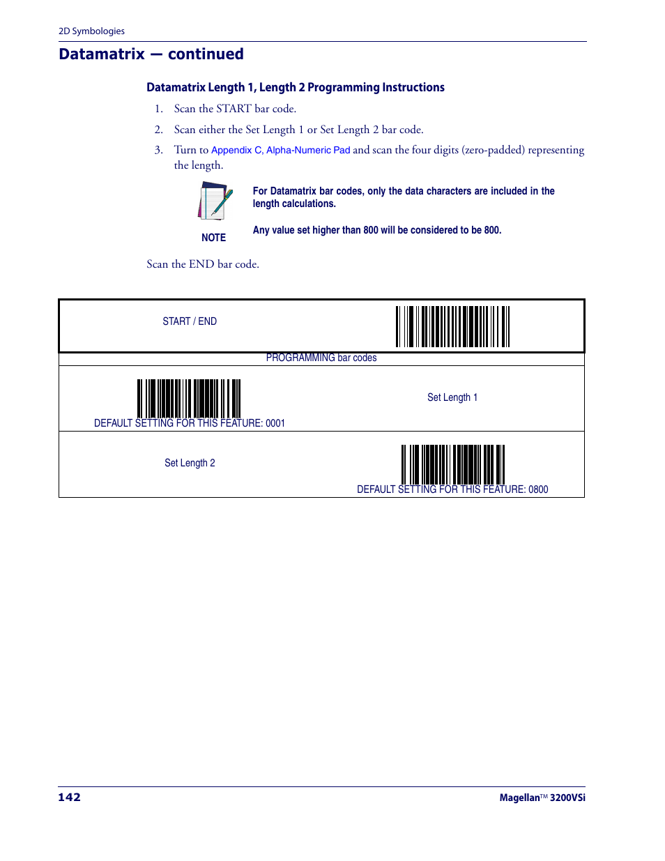 Wing the, Datamatrix length 1, length 2 pro, Gramming instructions | Ing the, Datamatrix — continued | Datalogic Scanning MAGELLAN 3200VSI User Manual | Page 150 / 200
