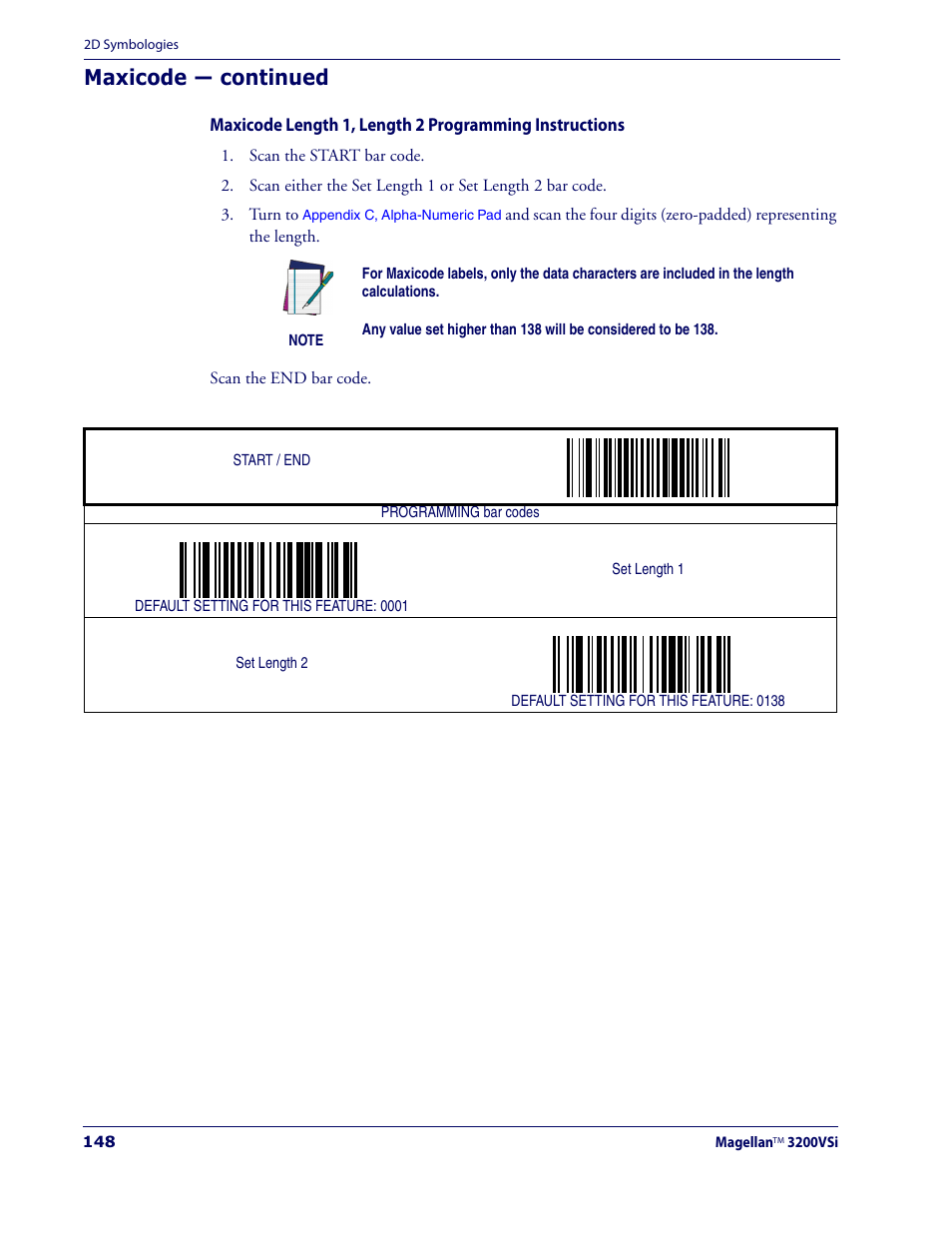 Wing the, Maxicode length 1, length 2 pro, Gramming instructions | Ing the, Maxicode — continued | Datalogic Scanning MAGELLAN 3200VSI User Manual | Page 156 / 200