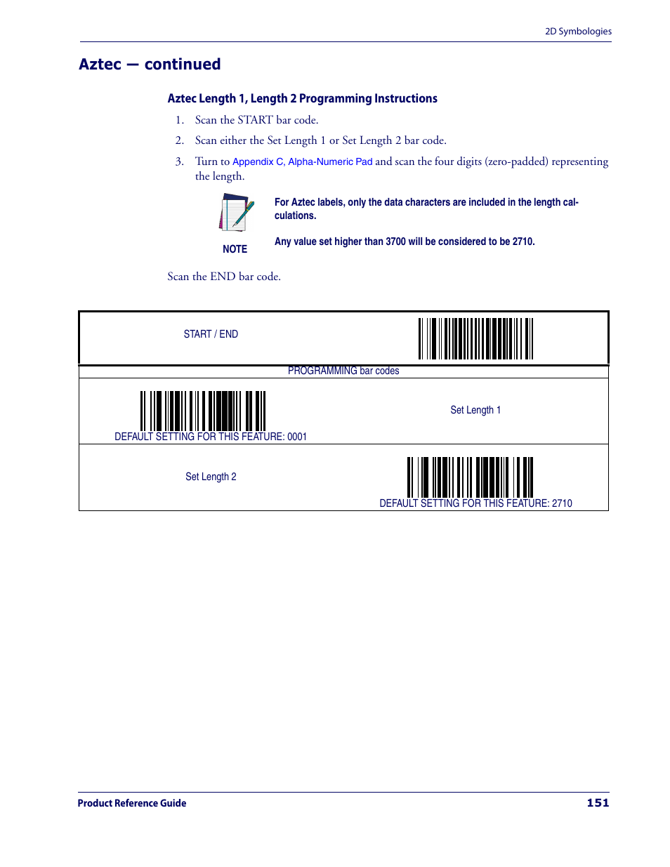 Aztec length 1, length 2 programming instructions, Wing the, G the | Aztec length 1, length 2 program, Ming instructions, Ing the, Aztec — continued | Datalogic Scanning MAGELLAN 3200VSI User Manual | Page 159 / 200