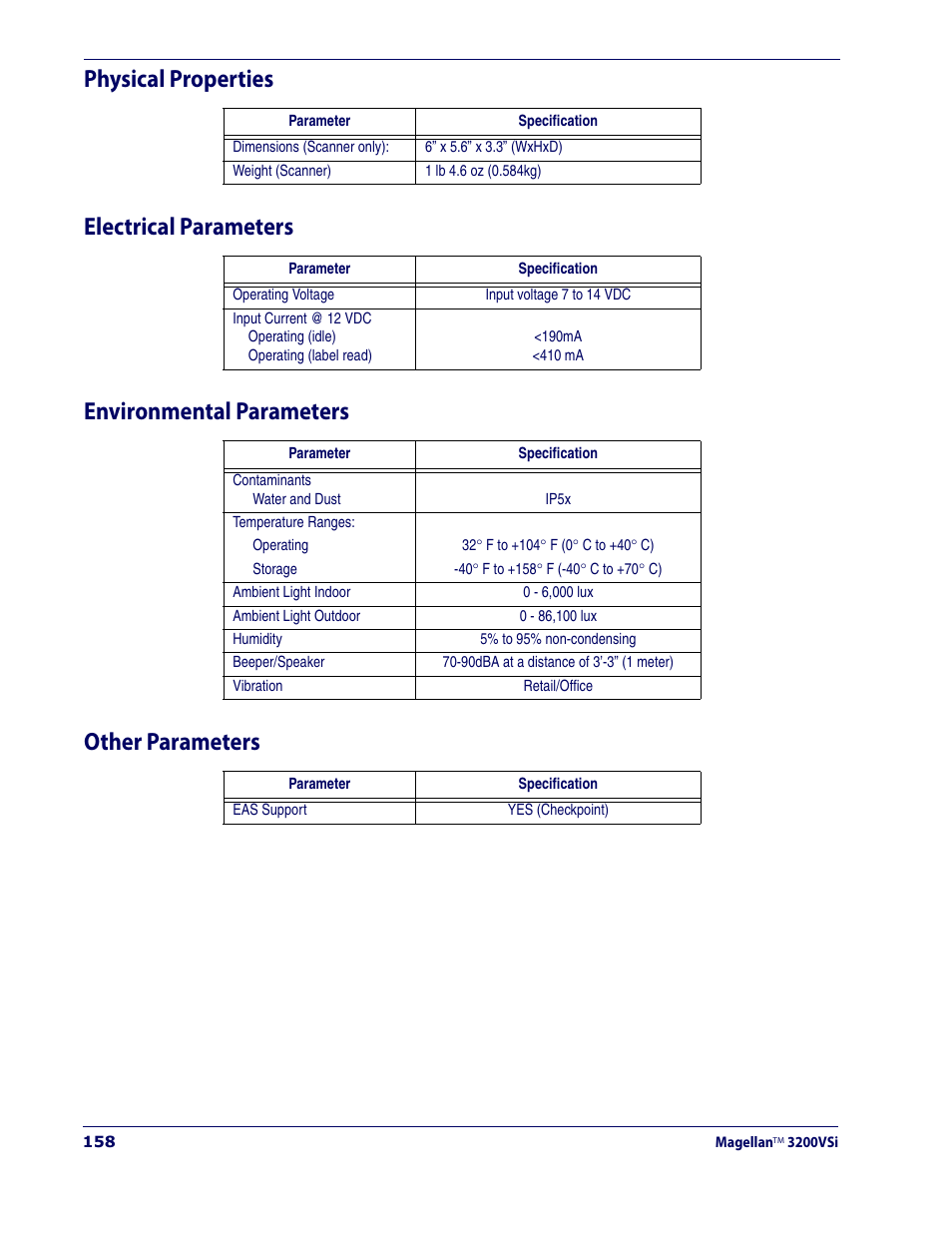 Physical properties, Electrical parameters, Environmental parameters | Other parameters | Datalogic Scanning MAGELLAN 3200VSI User Manual | Page 166 / 200