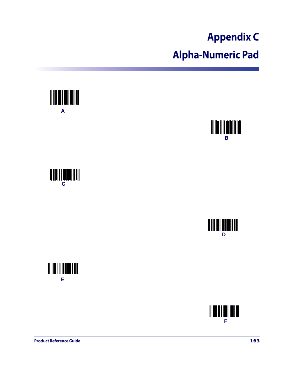 Alpha-numeric pad, Appendix c. alpha-numeric pad, Appendix c, alpha-numeric pad | E in, R codes from, Appendix c, alpha, Numeric pad, Represen, And scan the bar codes, Appendix c alpha-numeric pad | Datalogic Scanning MAGELLAN 3200VSI User Manual | Page 171 / 200