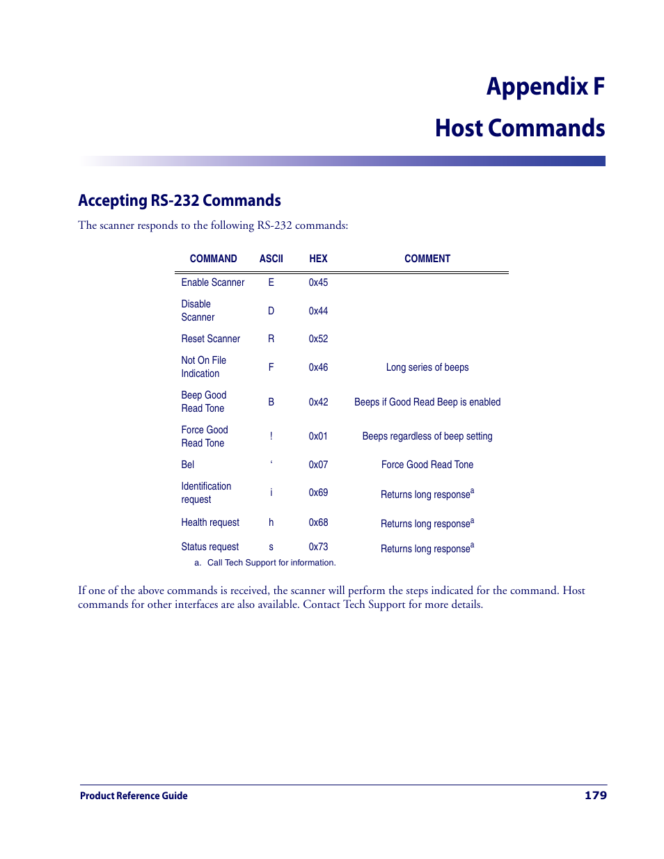Host commands, Accepting rs-232 commands, Appendix f. host commands | Appendix f host commands | Datalogic Scanning MAGELLAN 3200VSI User Manual | Page 187 / 200