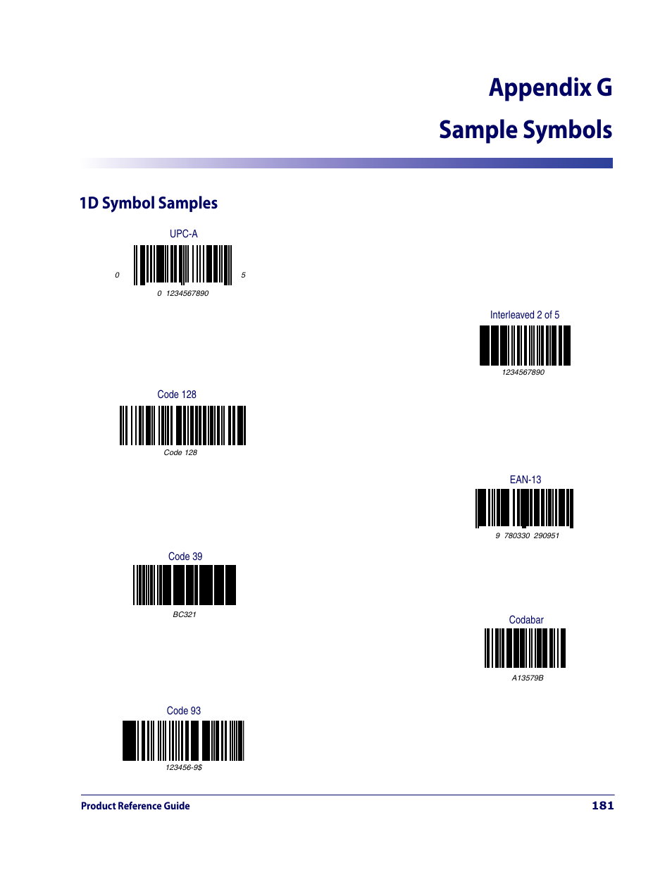 Sample symbols, 1d symbol samples, Appendix g. sample symbols | Appendix g sample symbols | Datalogic Scanning MAGELLAN 3200VSI User Manual | Page 189 / 200