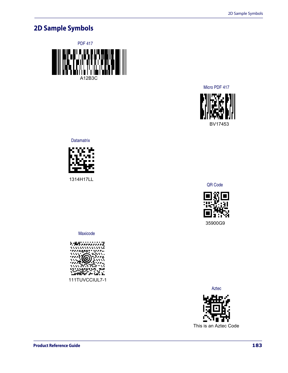 2d sample symbols | Datalogic Scanning MAGELLAN 3200VSI User Manual | Page 191 / 200