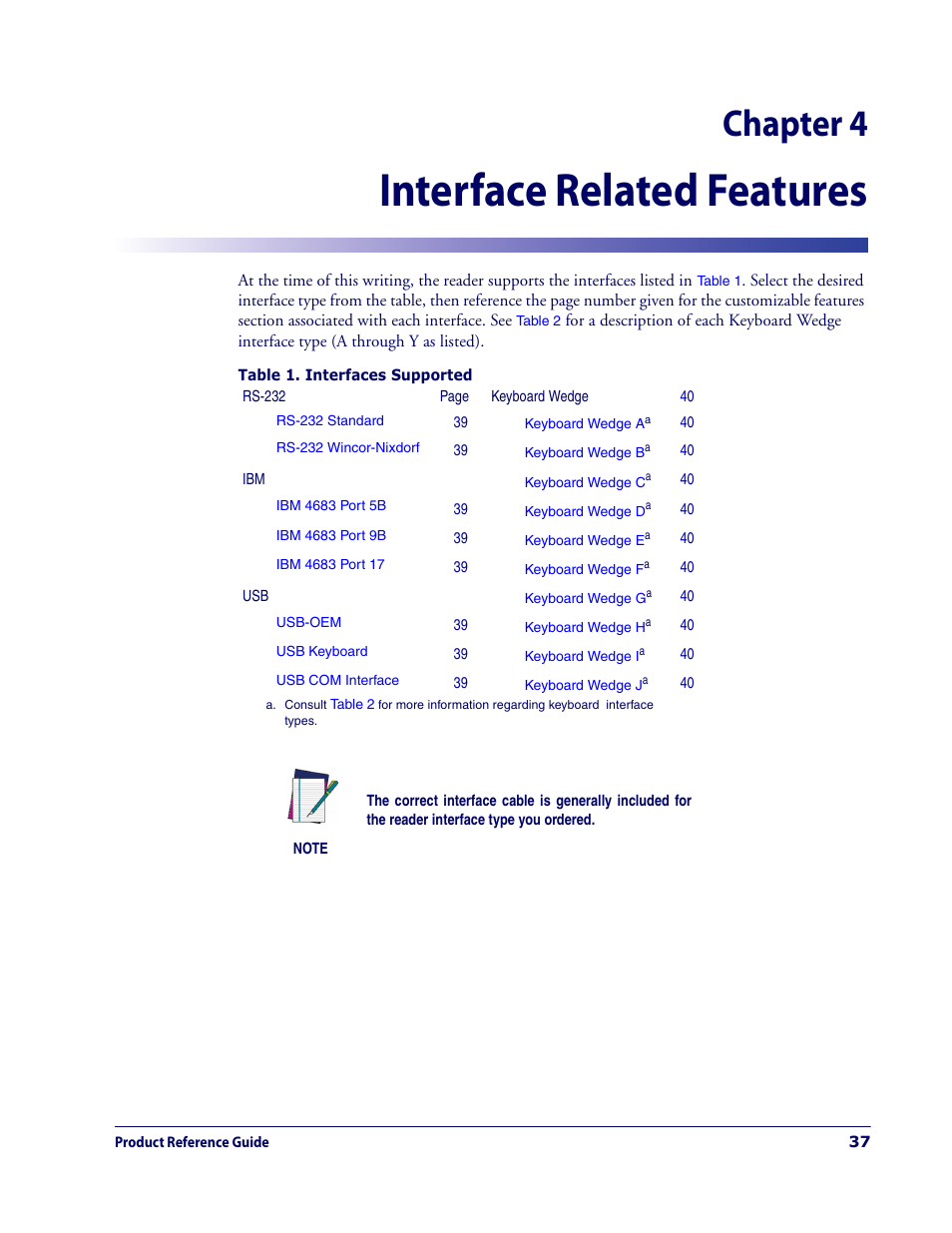 Interface related features, Chapter 4. interface related features, Section of this | Chapter 4 | Datalogic Scanning MAGELLAN 3200VSI User Manual | Page 45 / 200