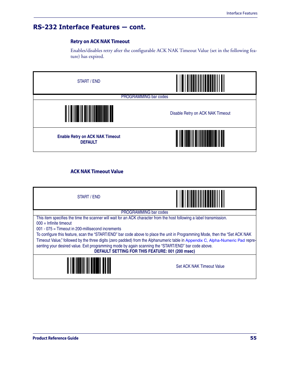 Retry on ack nak timeout ack nak timeout value, Rs-232 interface features — cont | Datalogic Scanning MAGELLAN 3200VSI User Manual | Page 63 / 200