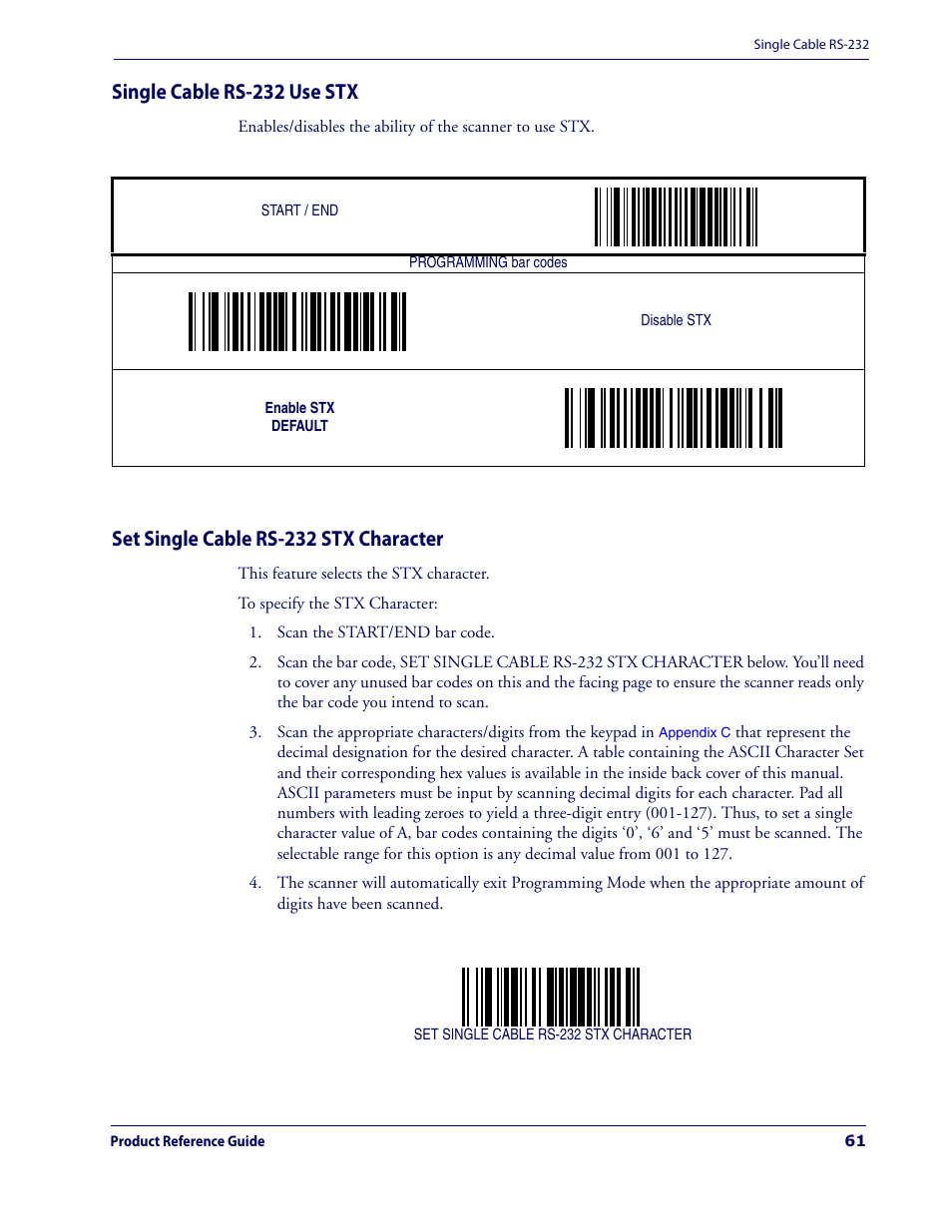 Single cable rs-232 use stx, Set single cable rs-232 stx character | Datalogic Scanning MAGELLAN 3200VSI User Manual | Page 69 / 200