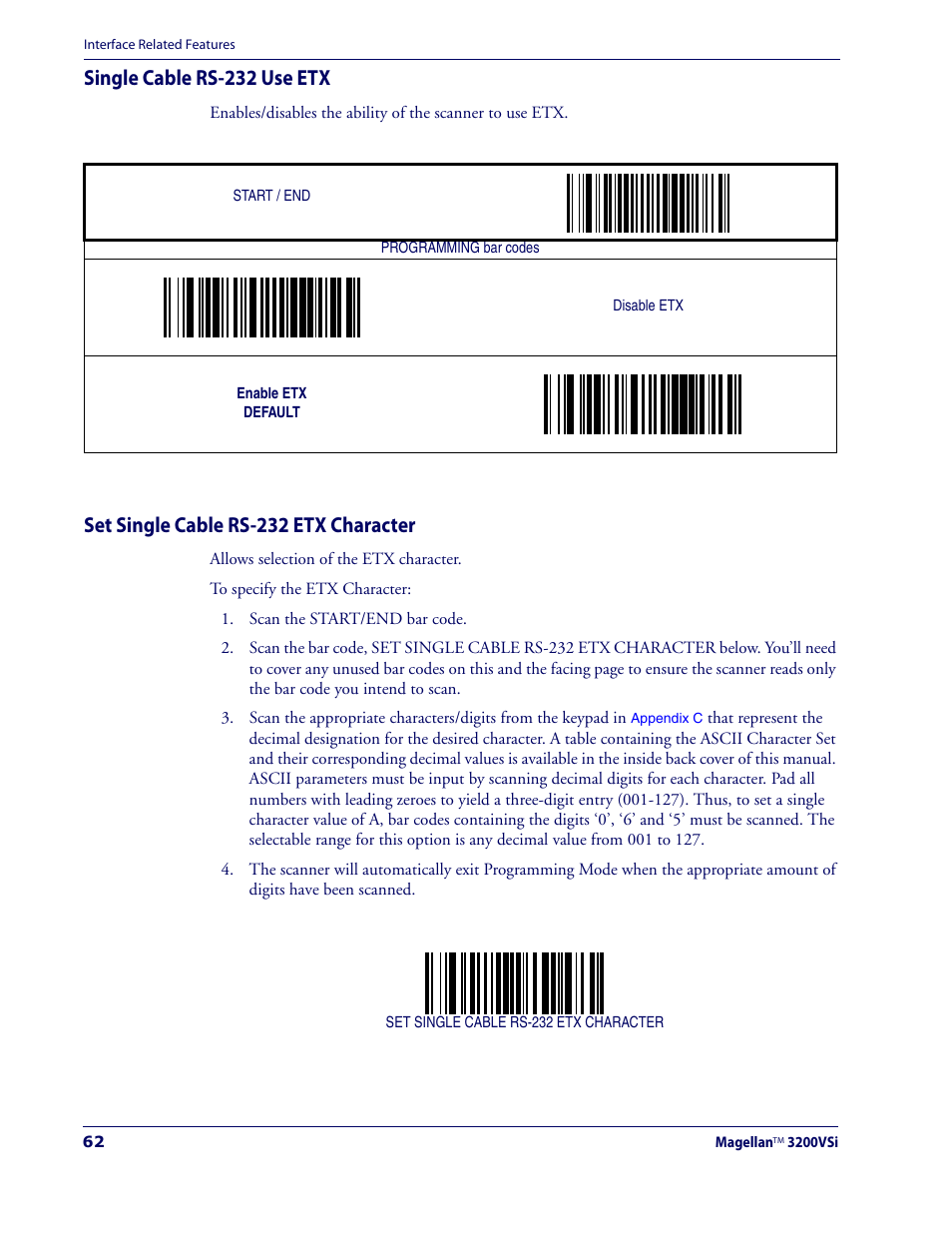 Single cable rs-232 use etx, Set single cable rs-232 etx character | Datalogic Scanning MAGELLAN 3200VSI User Manual | Page 70 / 200