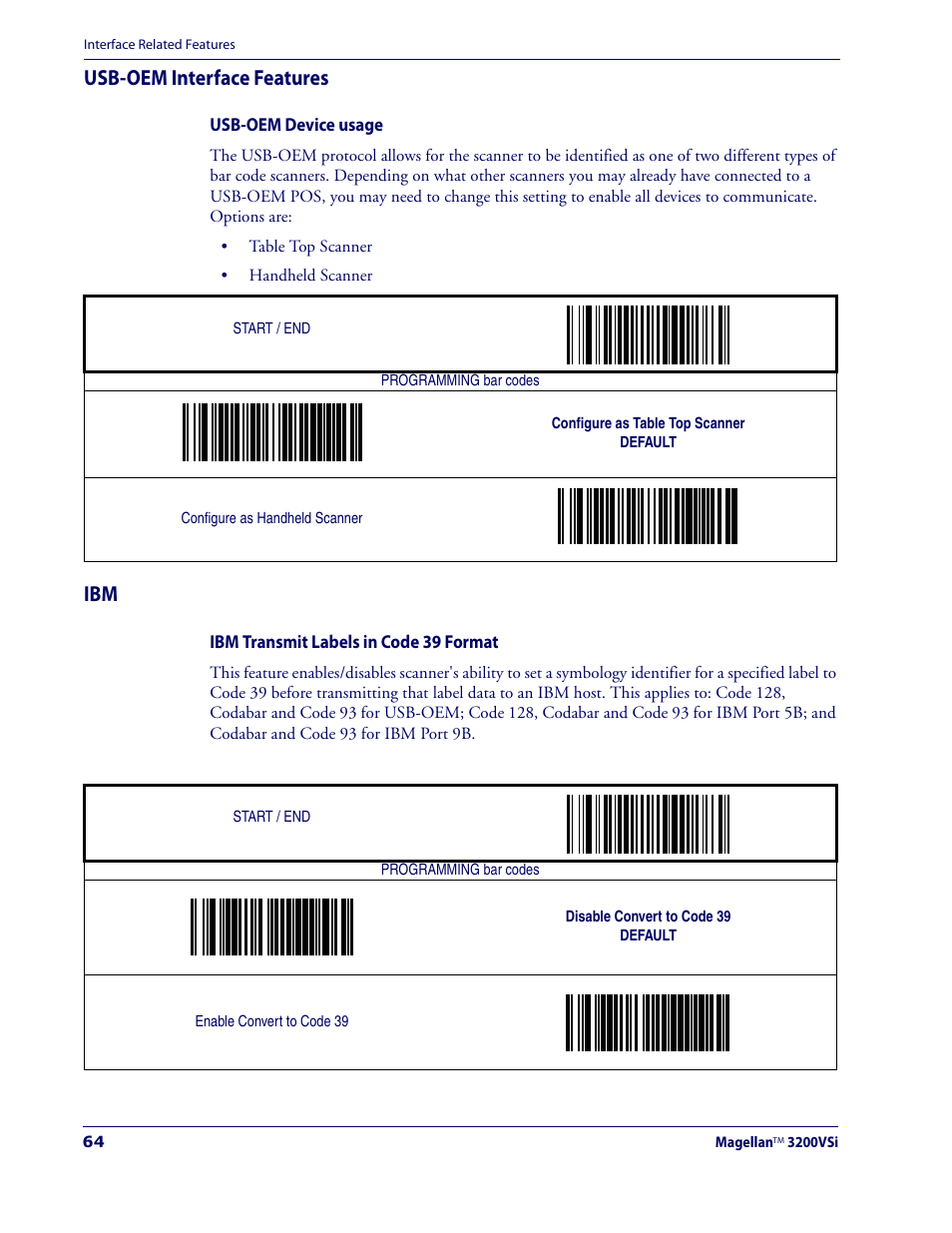 Usb-oem interface features, Usb-oem device usage, Ibm transmit labels in code 39 format | Datalogic Scanning MAGELLAN 3200VSI User Manual | Page 72 / 200