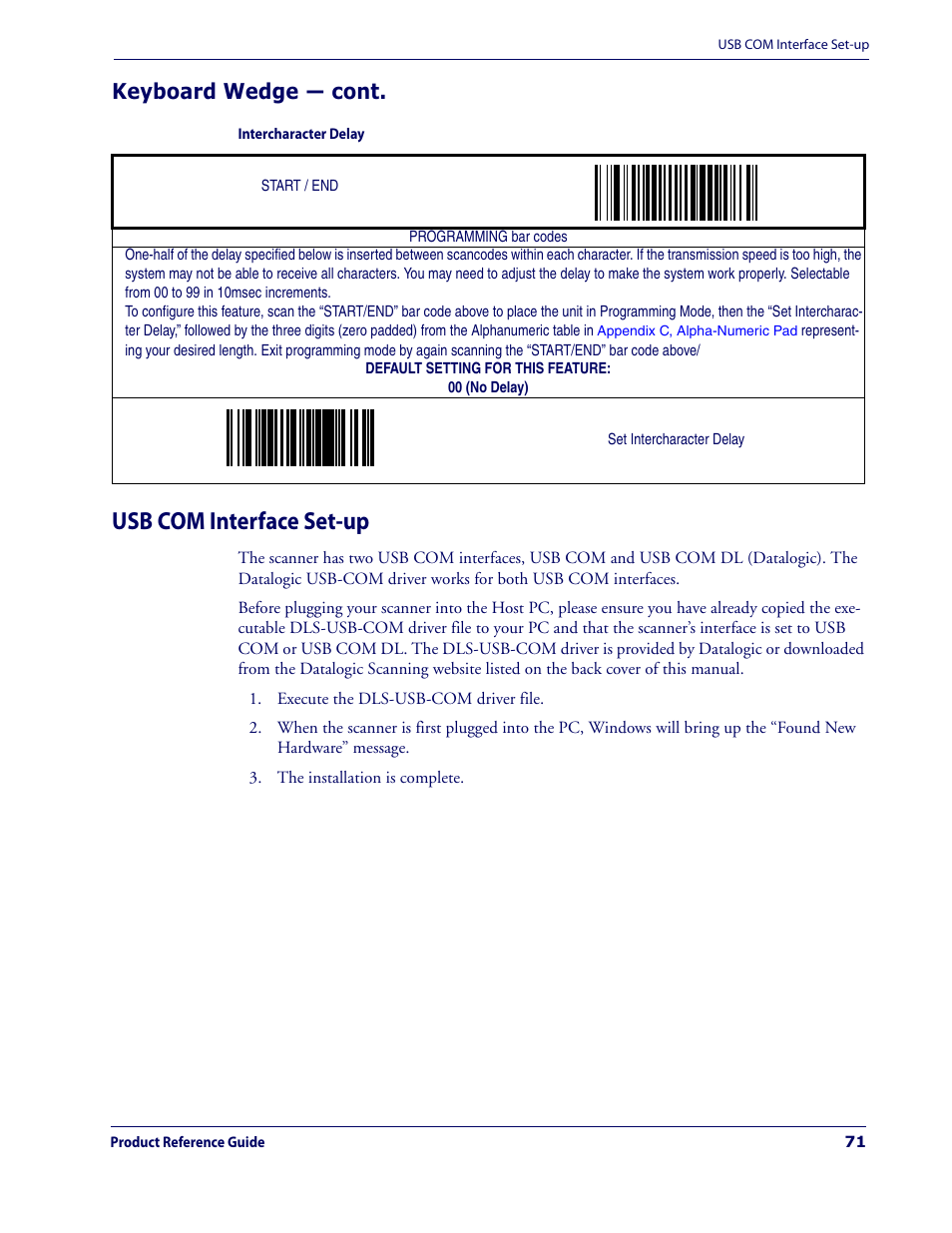 Usb com interface set-up, Usb com interface, Set-up | Instructions in the, Keyboard wedge — cont | Datalogic Scanning MAGELLAN 3200VSI User Manual | Page 79 / 200
