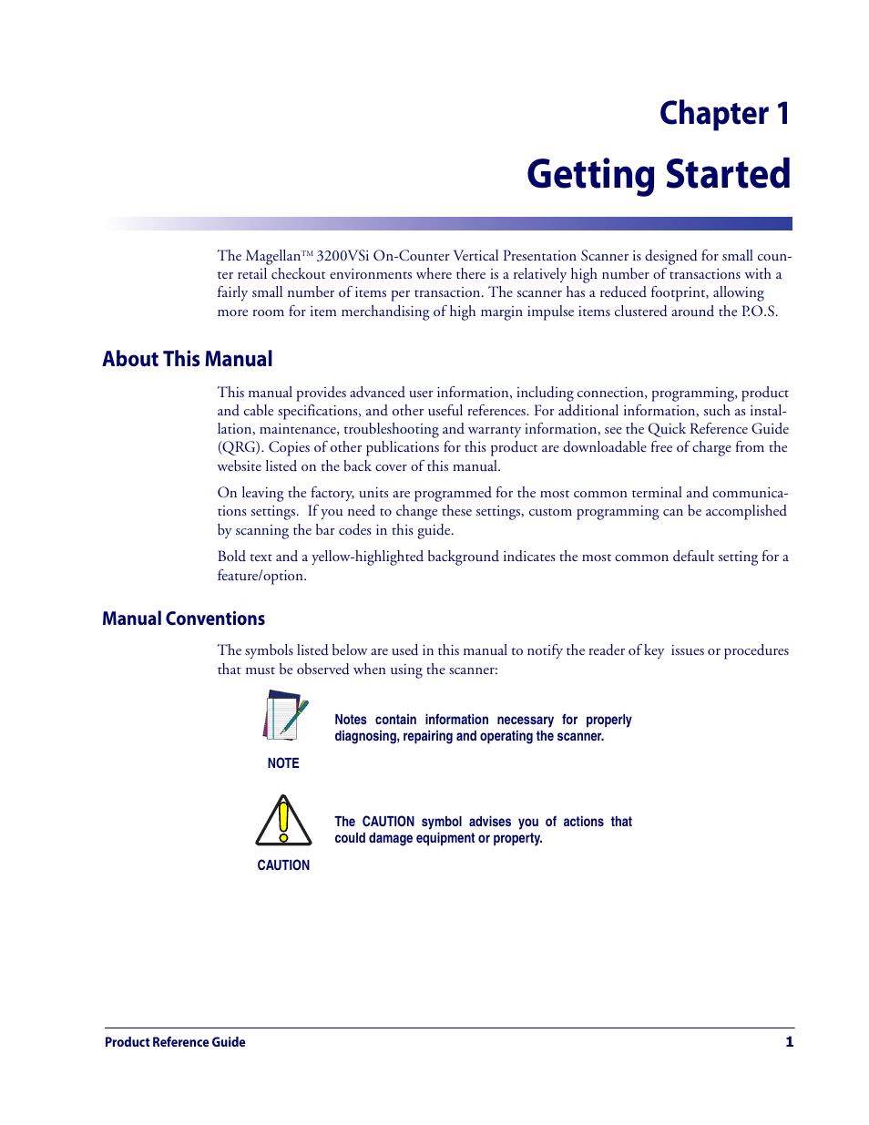 Getting started, About this manual, Manual conventions | Chapter 1. getting started, Chapter 1 | Datalogic Scanning MAGELLAN 3200VSI User Manual | Page 9 / 200
