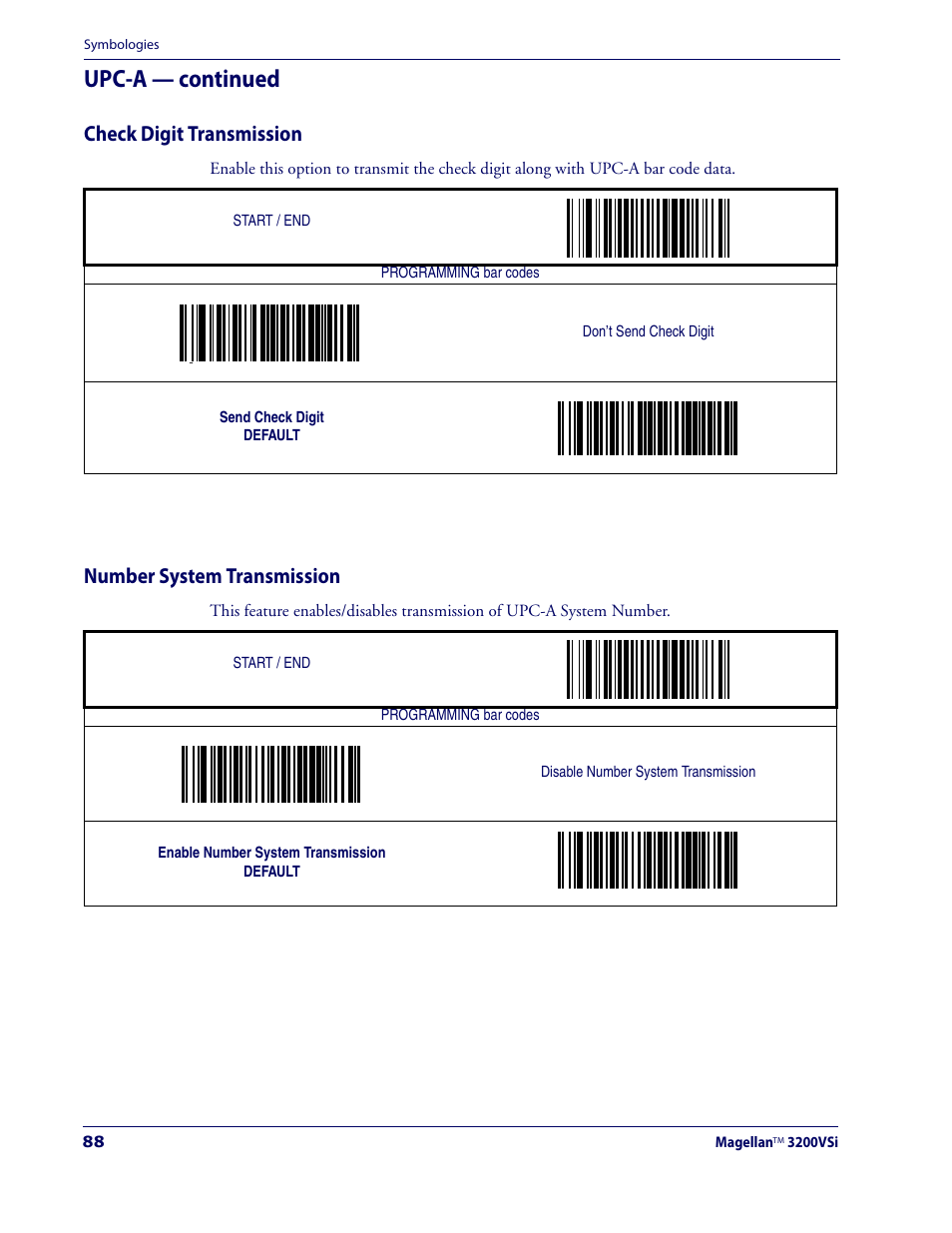 Check digit transmission, Number system transmission, Upc-a — continued | Datalogic Scanning MAGELLAN 3200VSI User Manual | Page 96 / 200