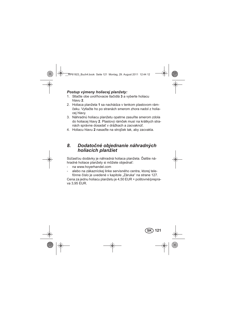 Dodatoné objednanie náhradných holiacich planžiet | Silvercrest SDR 1000 A1 User Manual | Page 123 / 154