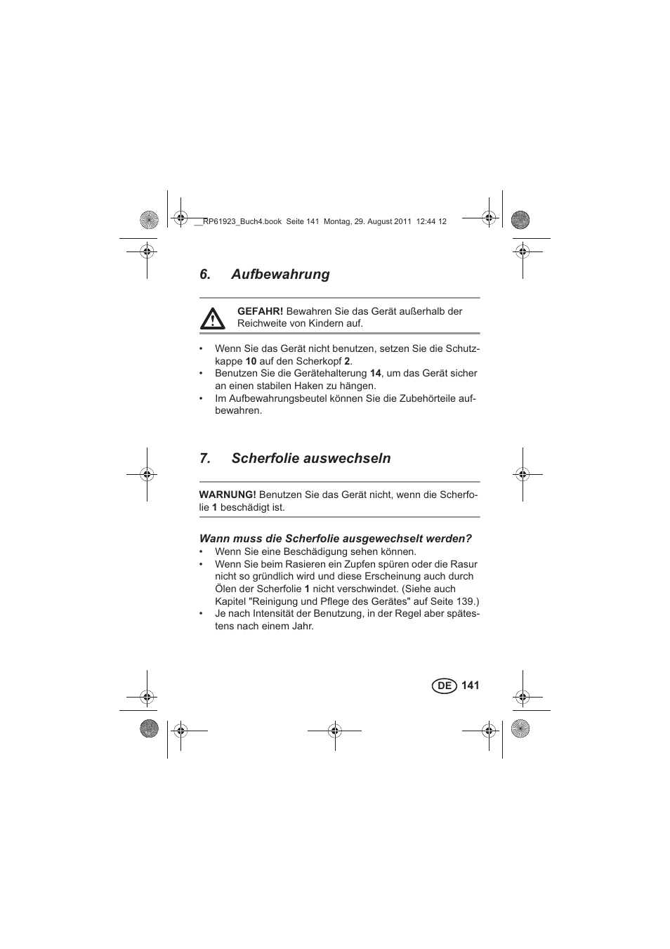 Aufbewahrung, Scherfolie auswechseln | Silvercrest SDR 1000 A1 User Manual | Page 143 / 154