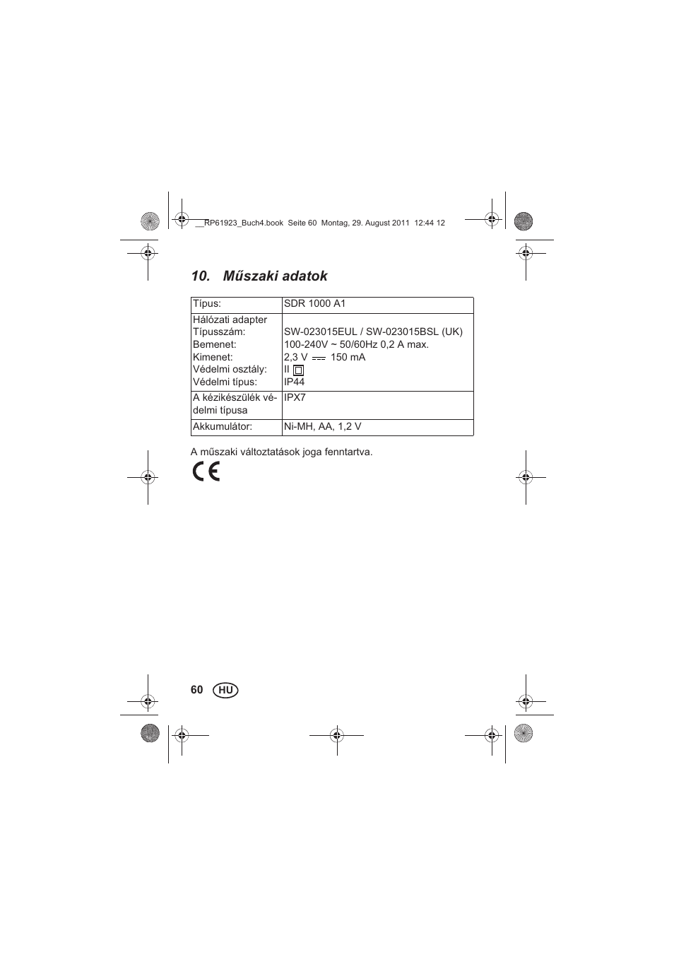 Mszaki adatok | Silvercrest SDR 1000 A1 User Manual | Page 62 / 154