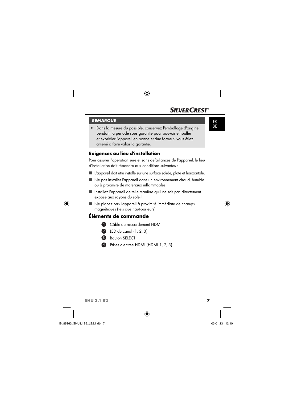 Éléments de commande, Exigences au lieu d'installation | Silvercrest SHU 3.1 B2 User Manual | Page 10 / 46