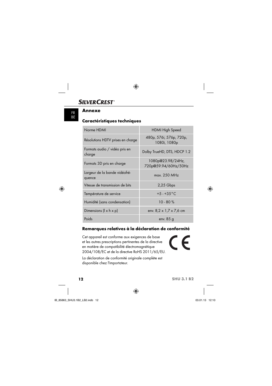 Annexe, Caractéristiques techniques, Remarques relatives à la déclaration de conformité | Silvercrest SHU 3.1 B2 User Manual | Page 15 / 46