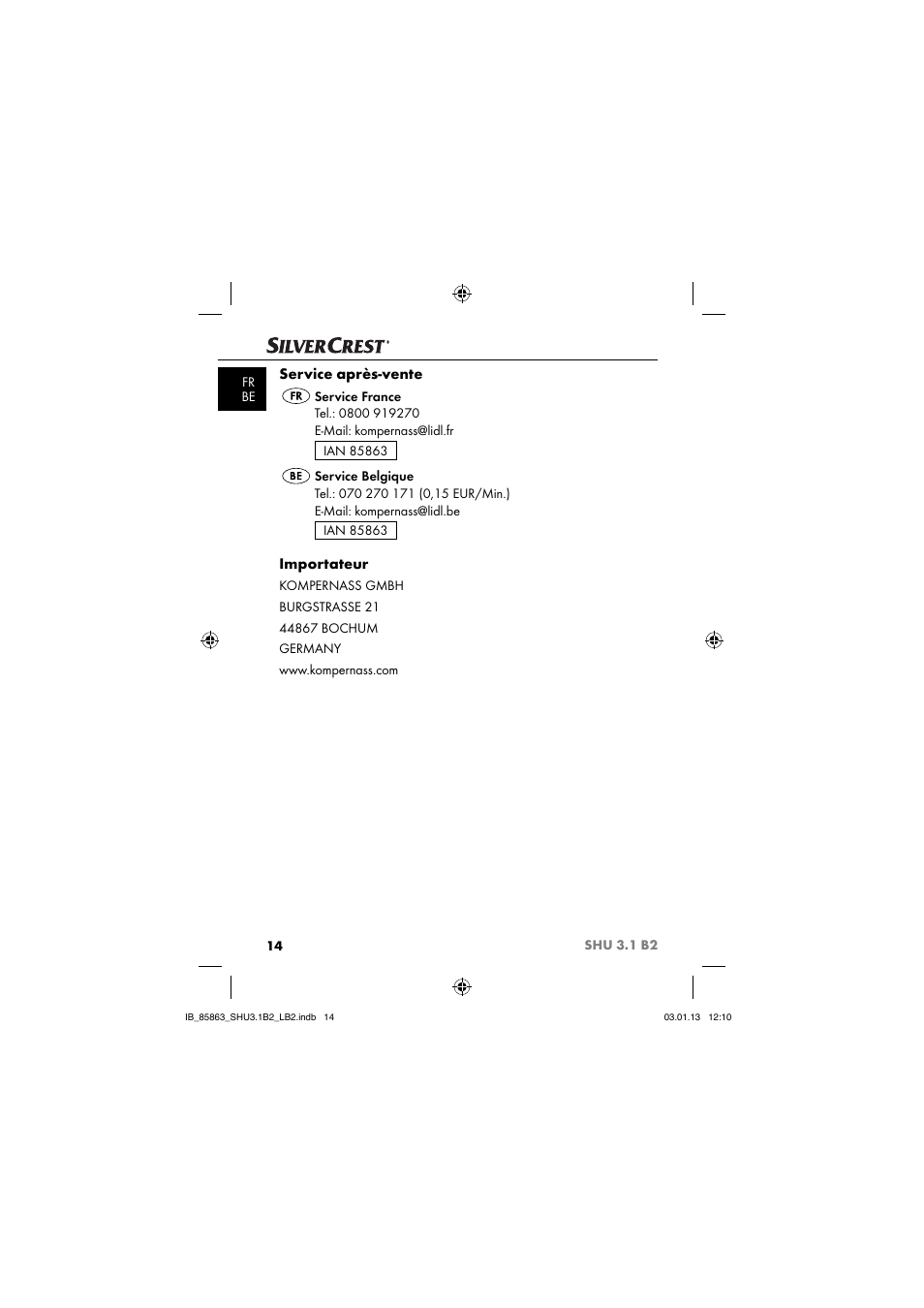 Service après-vente, Importateur | Silvercrest SHU 3.1 B2 User Manual | Page 17 / 46