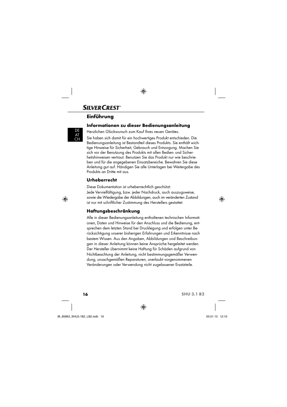 Einführung, Informationen zu dieser bedienungsanleitung, Urheberrecht | Haftungsbeschränkung | Silvercrest SHU 3.1 B2 User Manual | Page 19 / 46