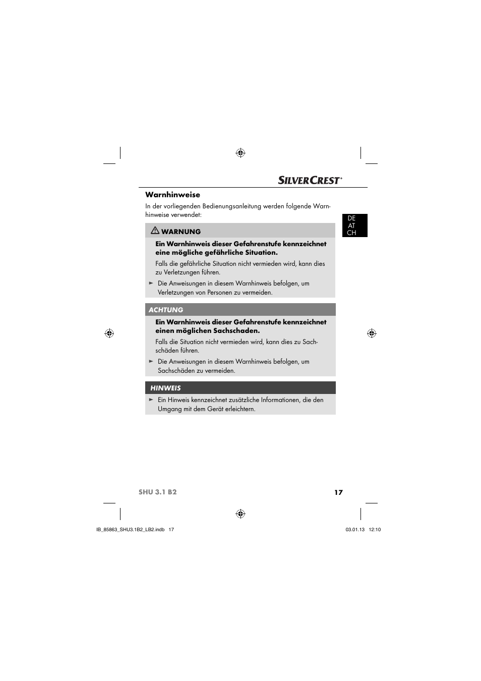 Warnhinweise | Silvercrest SHU 3.1 B2 User Manual | Page 20 / 46