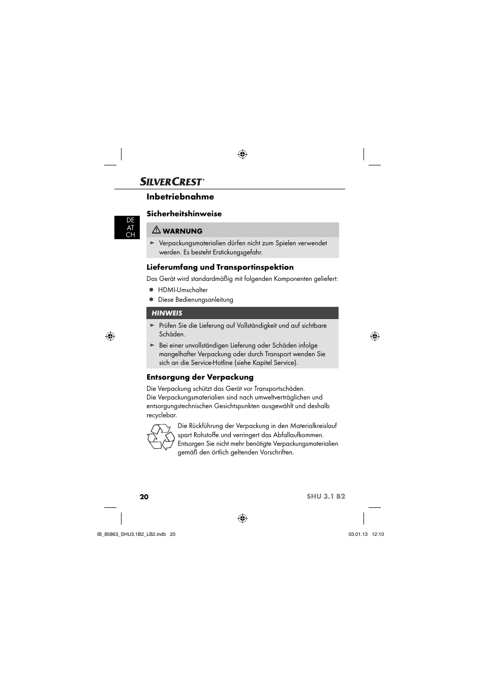 Inbetriebnahme, Sicherheitshinweise, Lieferumfang und transportinspektion | Entsorgung der verpackung | Silvercrest SHU 3.1 B2 User Manual | Page 23 / 46