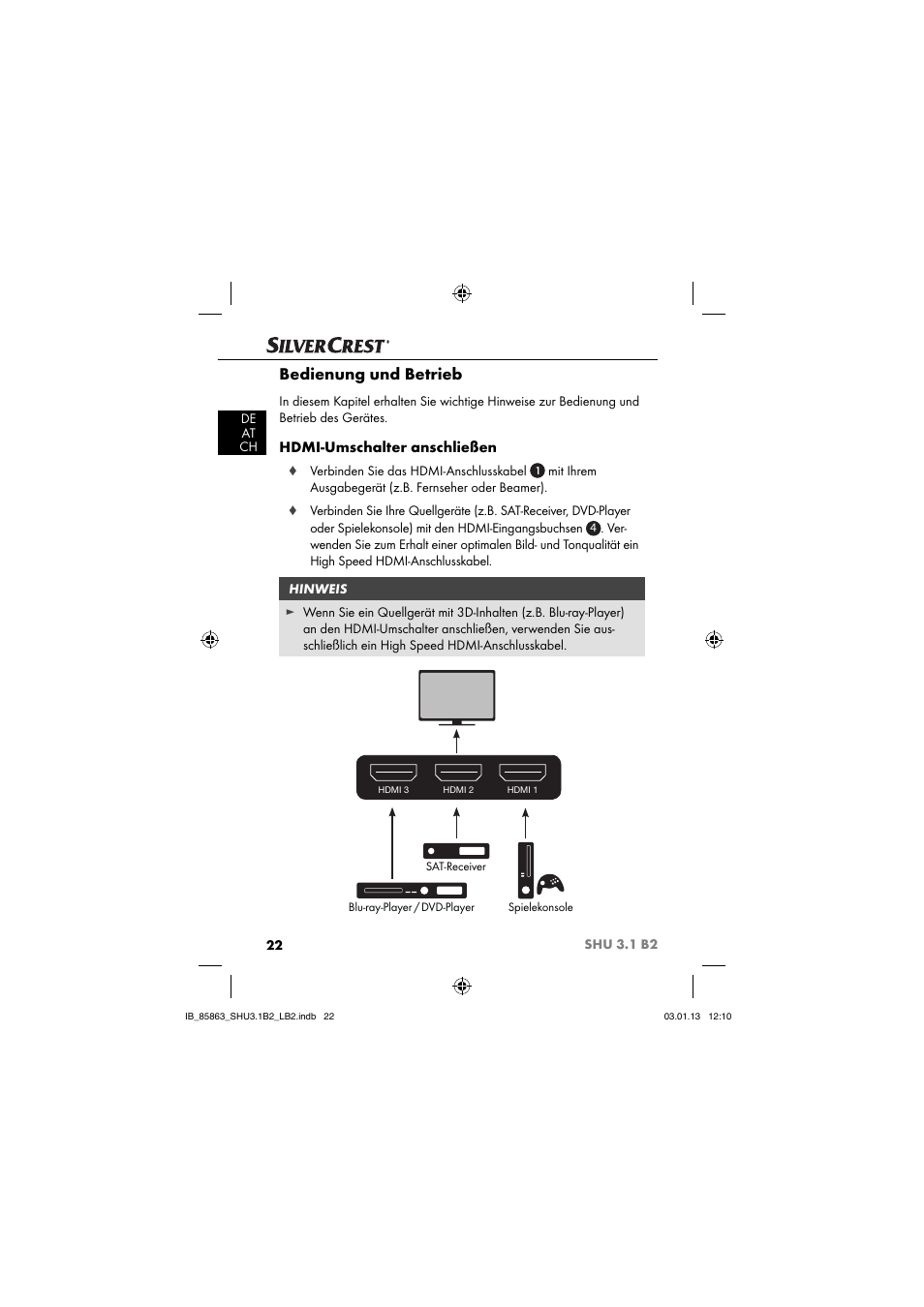 Bedienung und betrieb, Hdmi-umschalter anschließen | Silvercrest SHU 3.1 B2 User Manual | Page 25 / 46