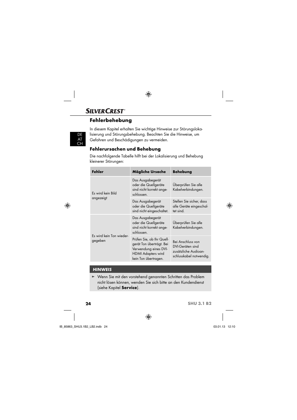 Fehlerbehebung, Fehlerursachen und behebung | Silvercrest SHU 3.1 B2 User Manual | Page 27 / 46